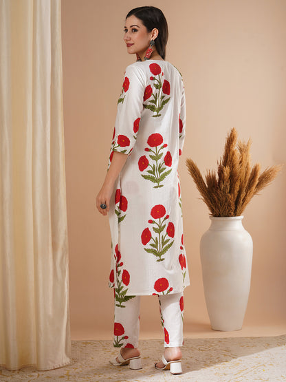 Ethnic Floral Block Printed A-Line Co-ord Set - Red