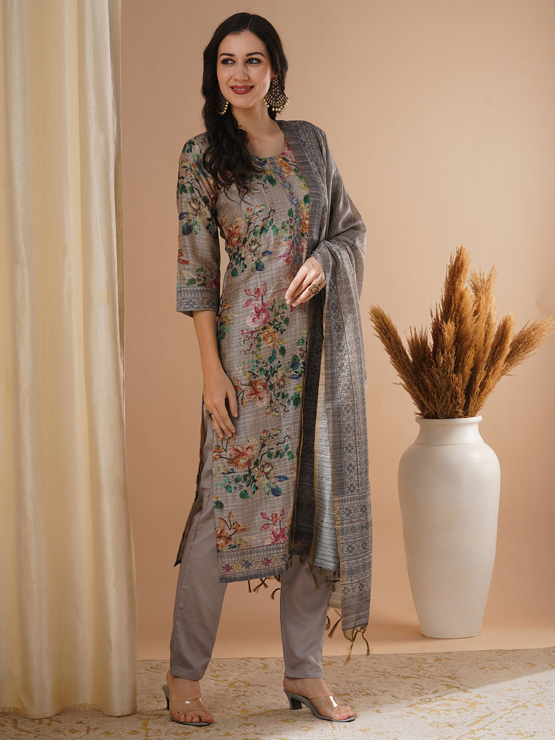 Floral Printed & Embroidered Straight Fit Kurta with Pant & Dupatta - Taupe