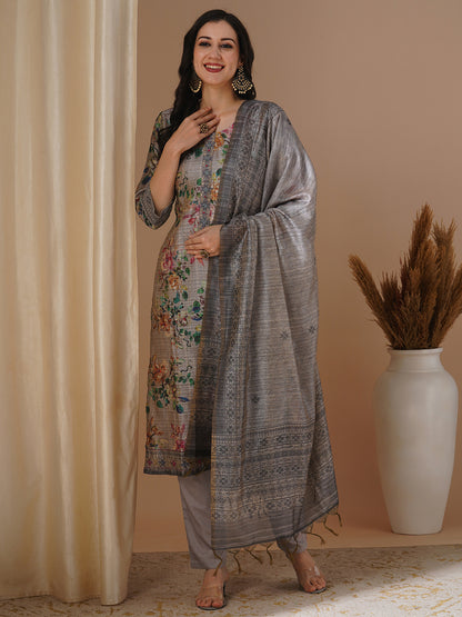 Floral Printed & Embroidered Straight Fit Kurta with Pant & Dupatta - Taupe