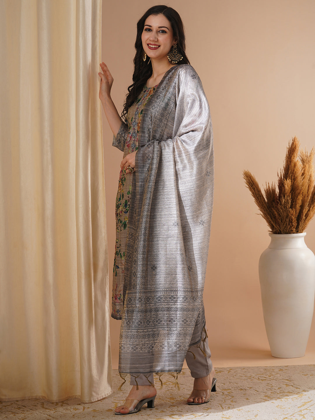 Floral Printed & Embroidered Straight Fit Kurta with Pant & Dupatta - Taupe