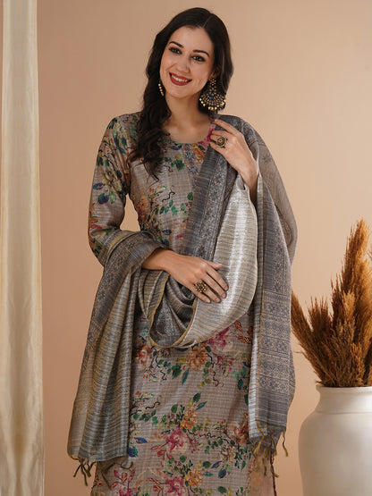 Floral Printed & Embroidered Straight Fit Kurta with Pant & Dupatta - Taupe