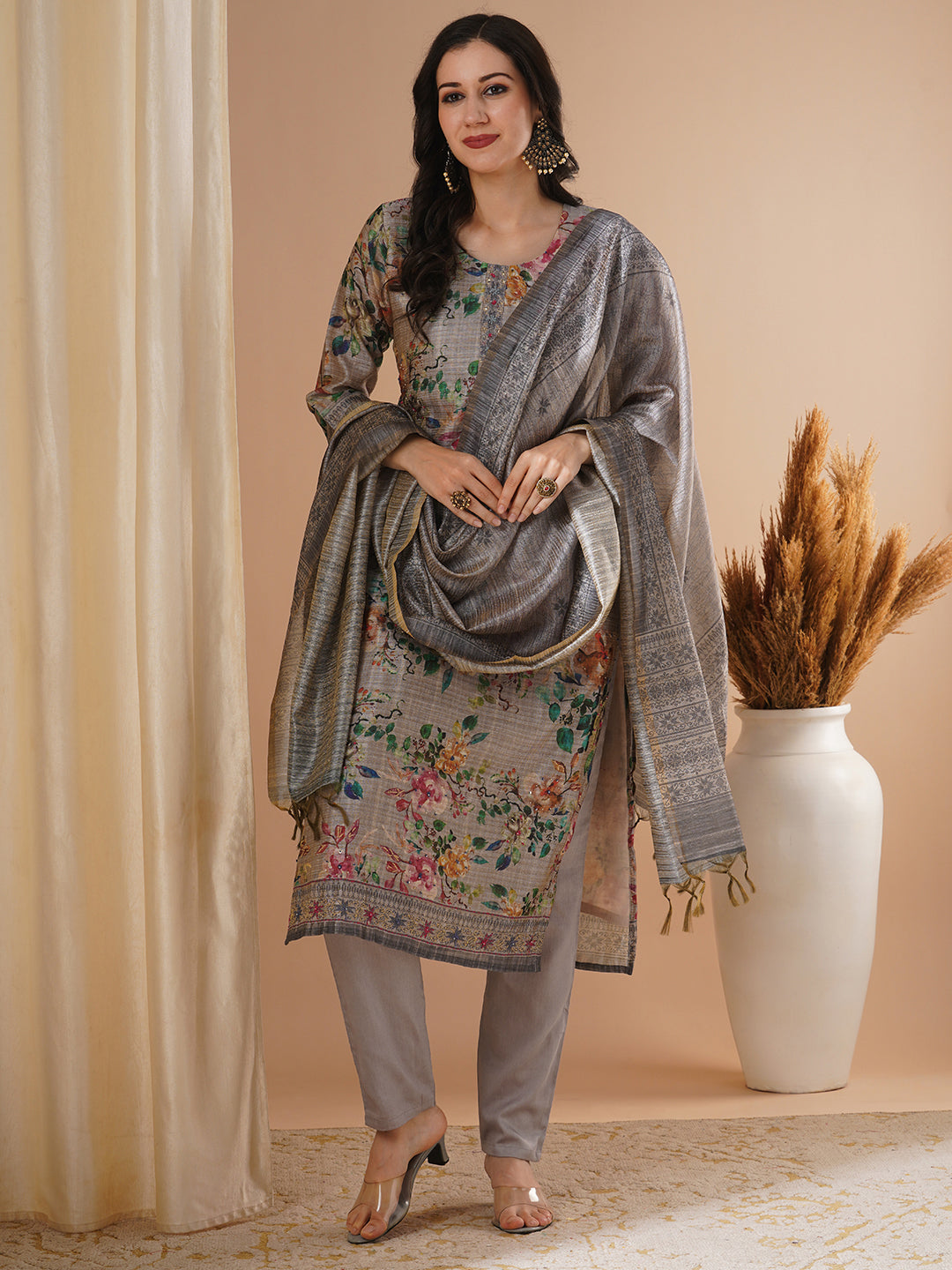 Floral Printed & Embroidered Straight Fit Kurta with Pant & Dupatta - Taupe