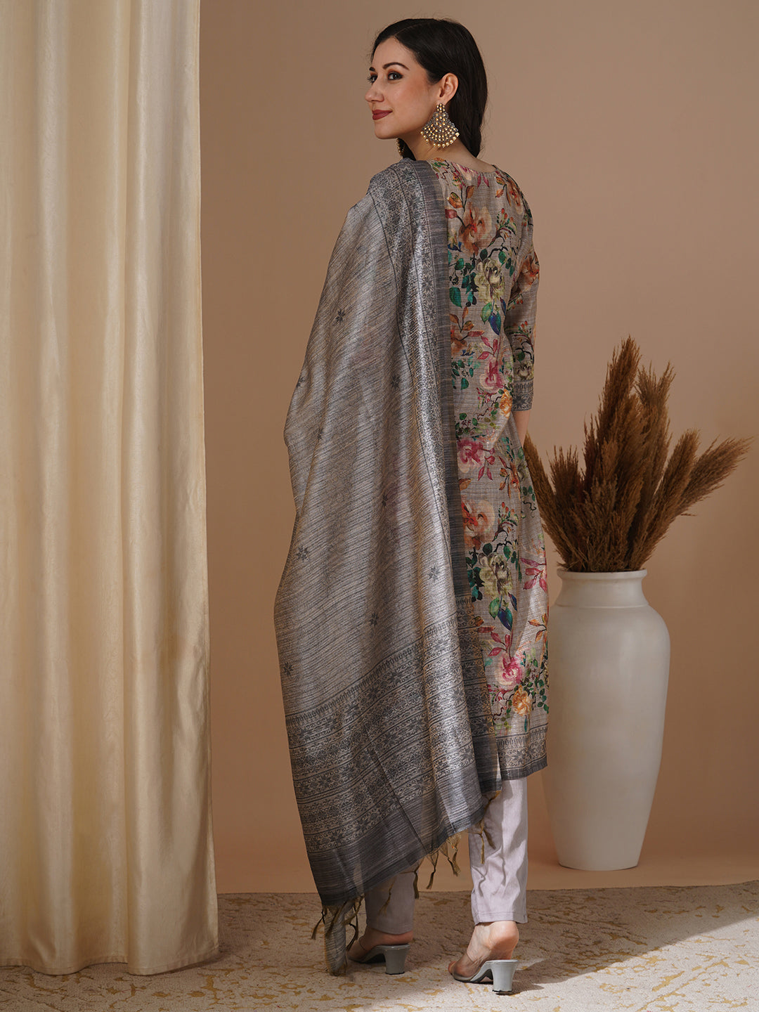 Floral Printed & Embroidered Straight Fit Kurta with Pant & Dupatta - Taupe