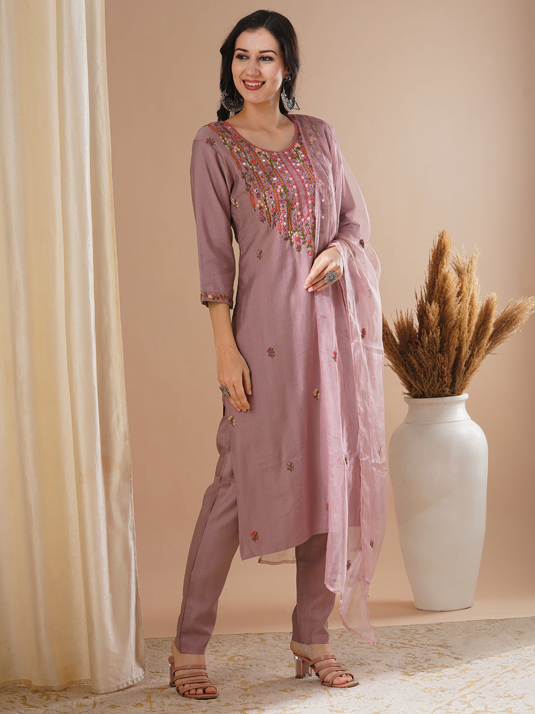 Solid Floral Hand Embroidered Straight Kurta with Pant & Dupatta - Rose Gold