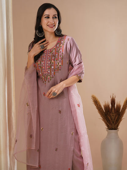 Solid Floral Hand Embroidered Straight Kurta with Pant & Dupatta - Rose Gold