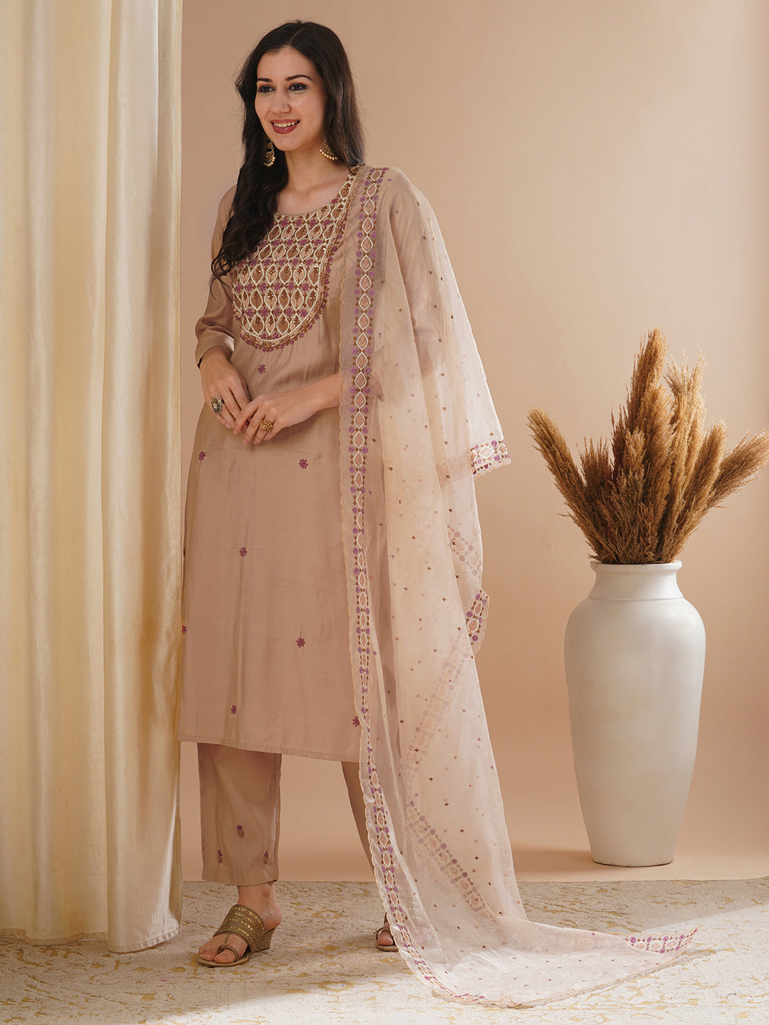 Solid Floral Hand Embroidered Straight Fit Kurta with Pant and Dupatta - Beige