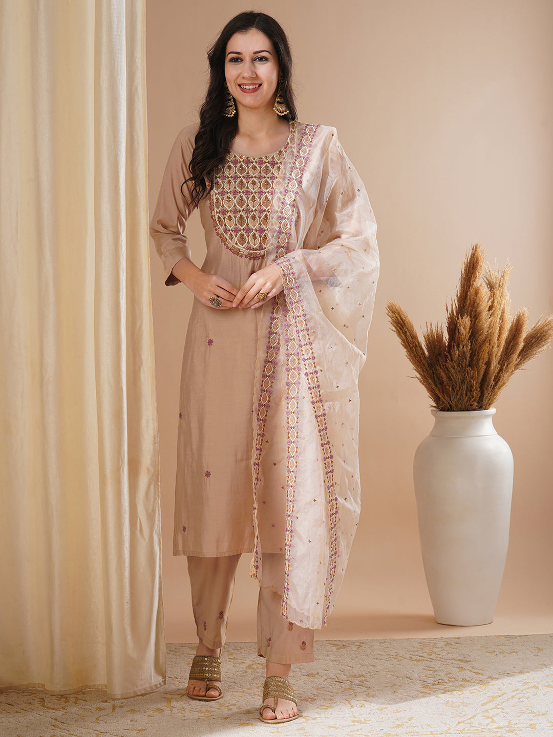 Solid Floral Hand Embroidered Straight Fit Kurta with Pant and Dupatta - Beige