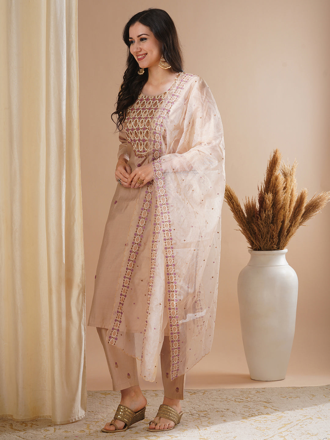 Solid Floral Hand Embroidered Straight Fit Kurta with Pant and Dupatta - Beige