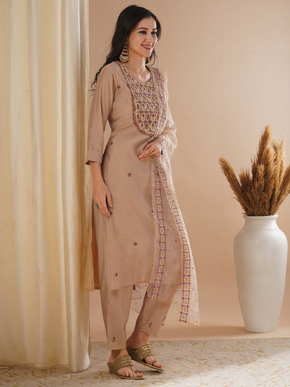 Solid Floral Hand Embroidered Straight Fit Kurta with Pant and Dupatta - Beige