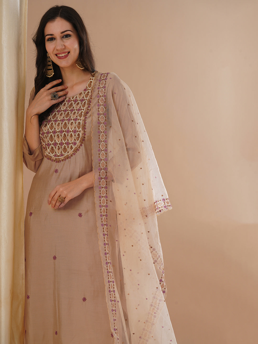 Solid Floral Hand Embroidered Straight Fit Kurta with Pant and Dupatta - Beige