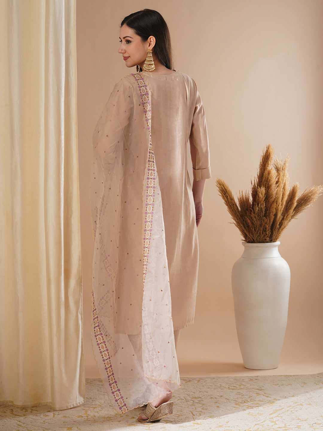 Solid Floral Hand Embroidered Straight Fit Kurta with Pant and Dupatta - Beige