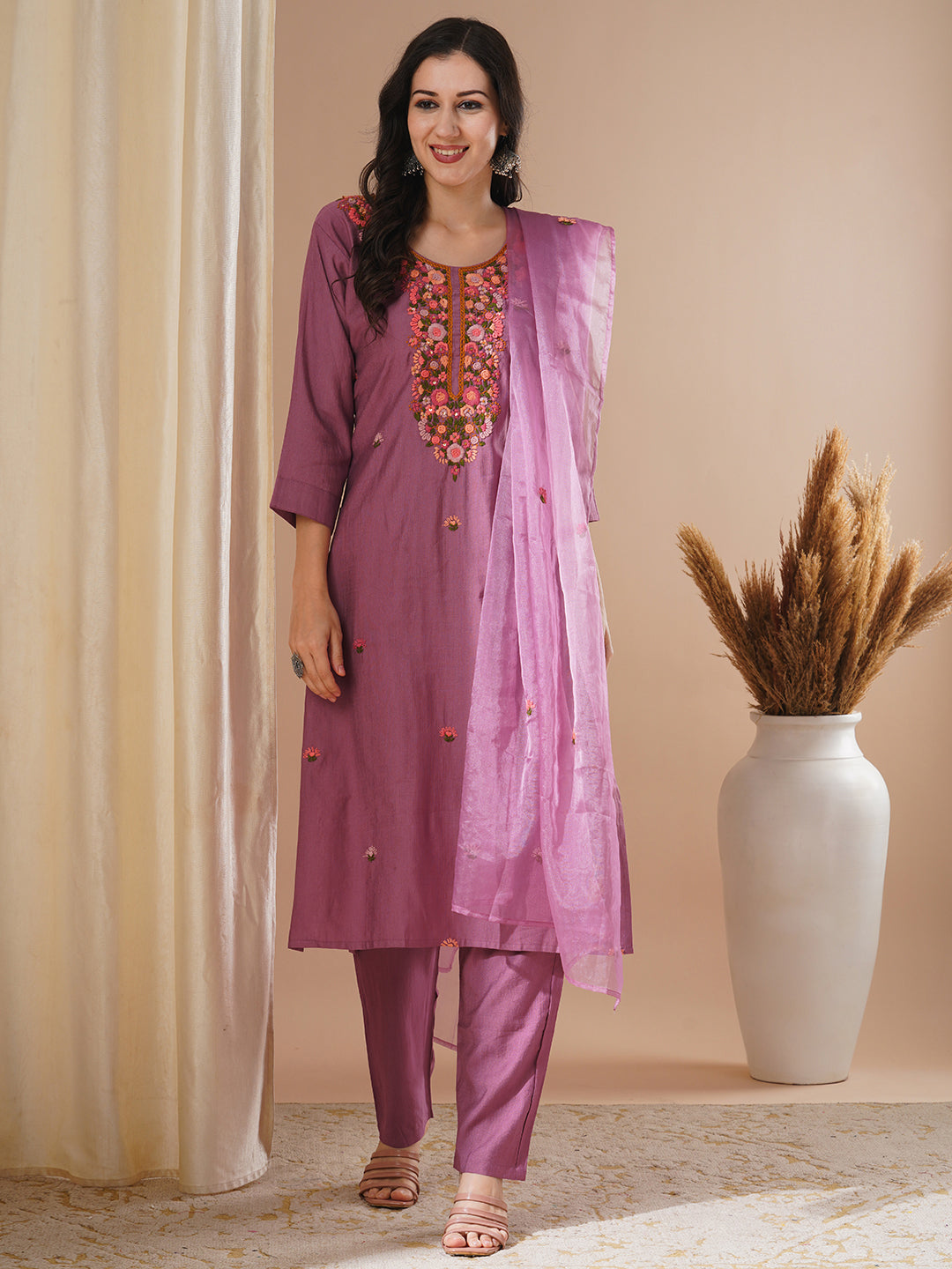 Solid Floral Hand Embroidered Straight Kurta with Pant & Dupatta - Mauve