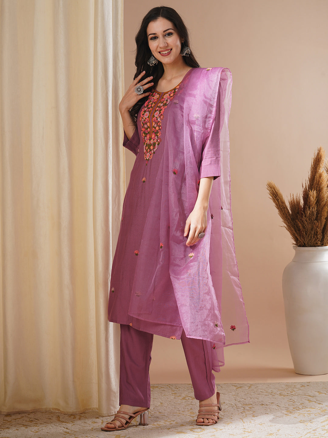 Solid Floral Hand Embroidered Straight Kurta with Pant & Dupatta - Mauve