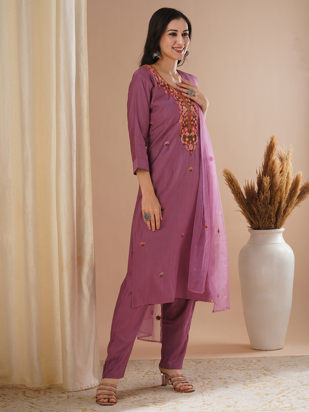 Solid Floral Hand Embroidered Straight Kurta with Pant & Dupatta - Mauve