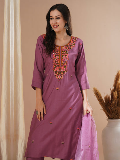 Solid Floral Hand Embroidered Straight Kurta with Pant & Dupatta - Mauve