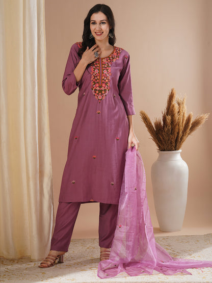 Solid Floral Hand Embroidered Straight Kurta with Pant & Dupatta - Mauve