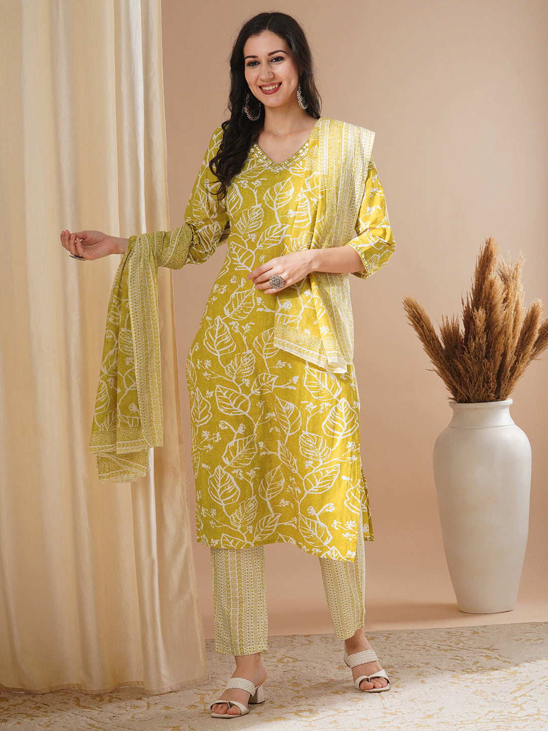 Abstract Floral Printed & Embroidered Straight Kurta with Pant & Dupatta - Green