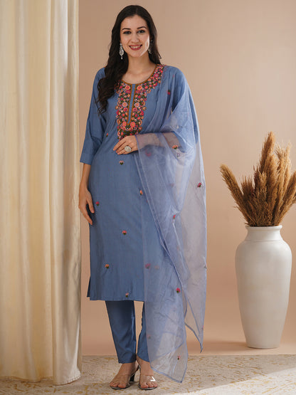 Solid Floral Hand Embroidered Straight Kurta with Pant & Dupatta - Blue