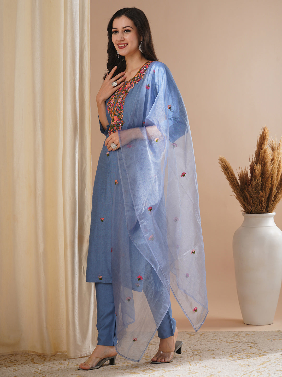 Solid Floral Hand Embroidered Straight Kurta with Pant & Dupatta - Blue