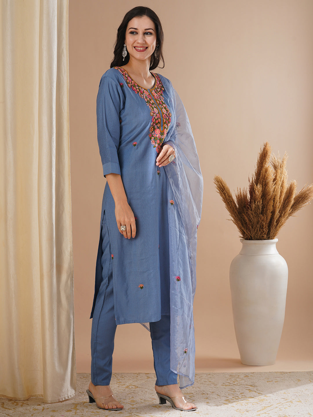 Solid Floral Hand Embroidered Straight Kurta with Pant & Dupatta - Blue