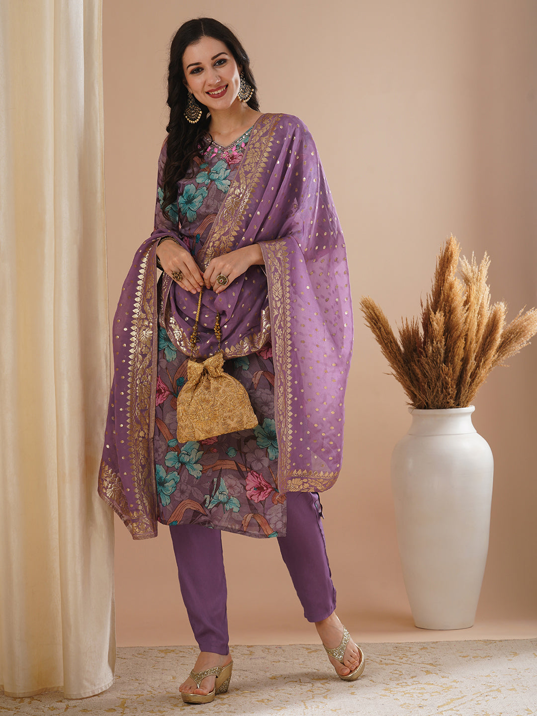 Floral Printed & Embroidered Tissue Straight Kurta with Pant & Dupatta - Purple