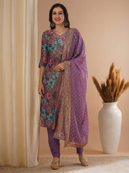 Floral Printed & Embroidered Tissue Straight Kurta with Pant & Dupatta - Purple