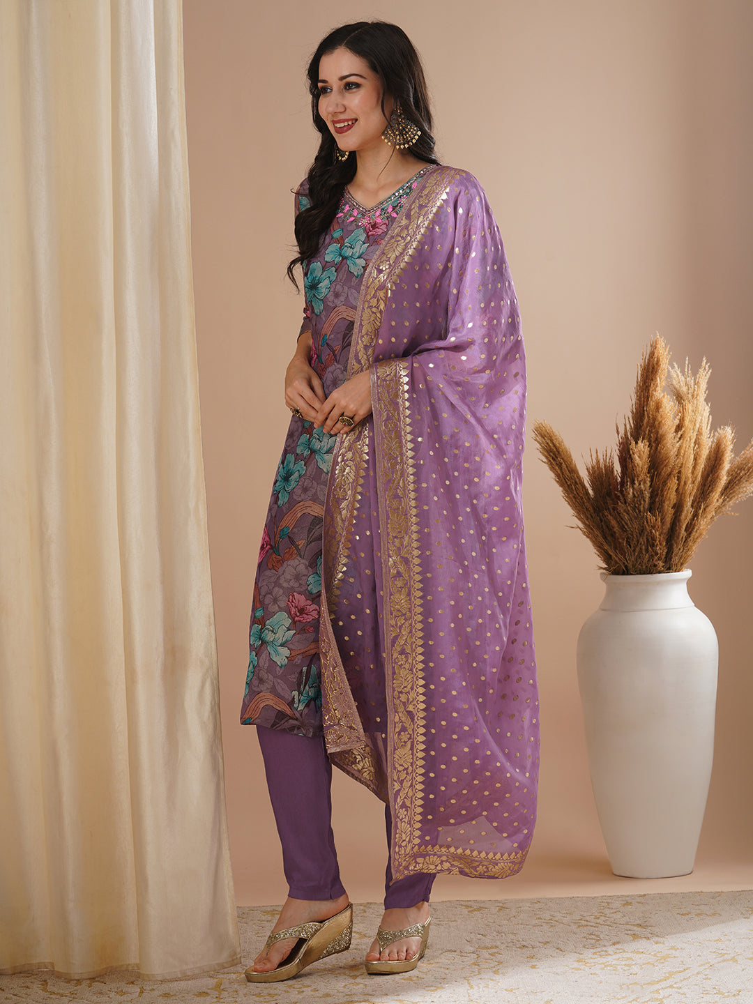 Floral Printed & Embroidered Tissue Straight Kurta with Pant & Dupatta - Purple