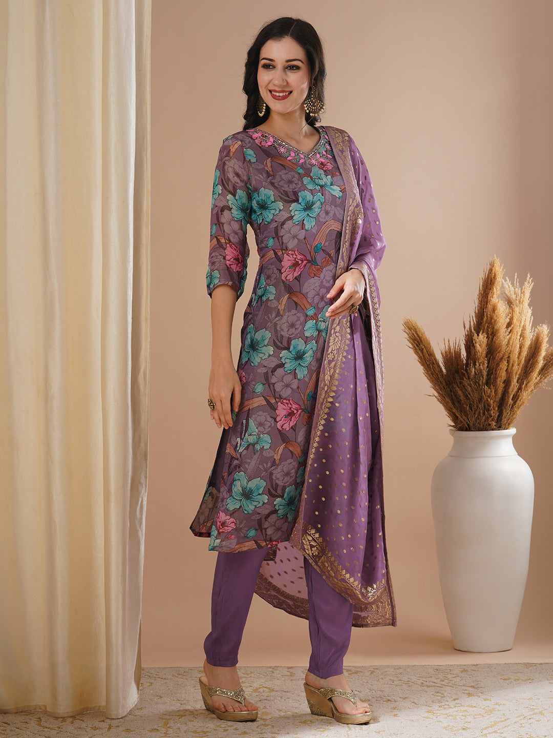 Floral Printed & Embroidered Tissue Straight Kurta with Pant & Dupatta - Purple