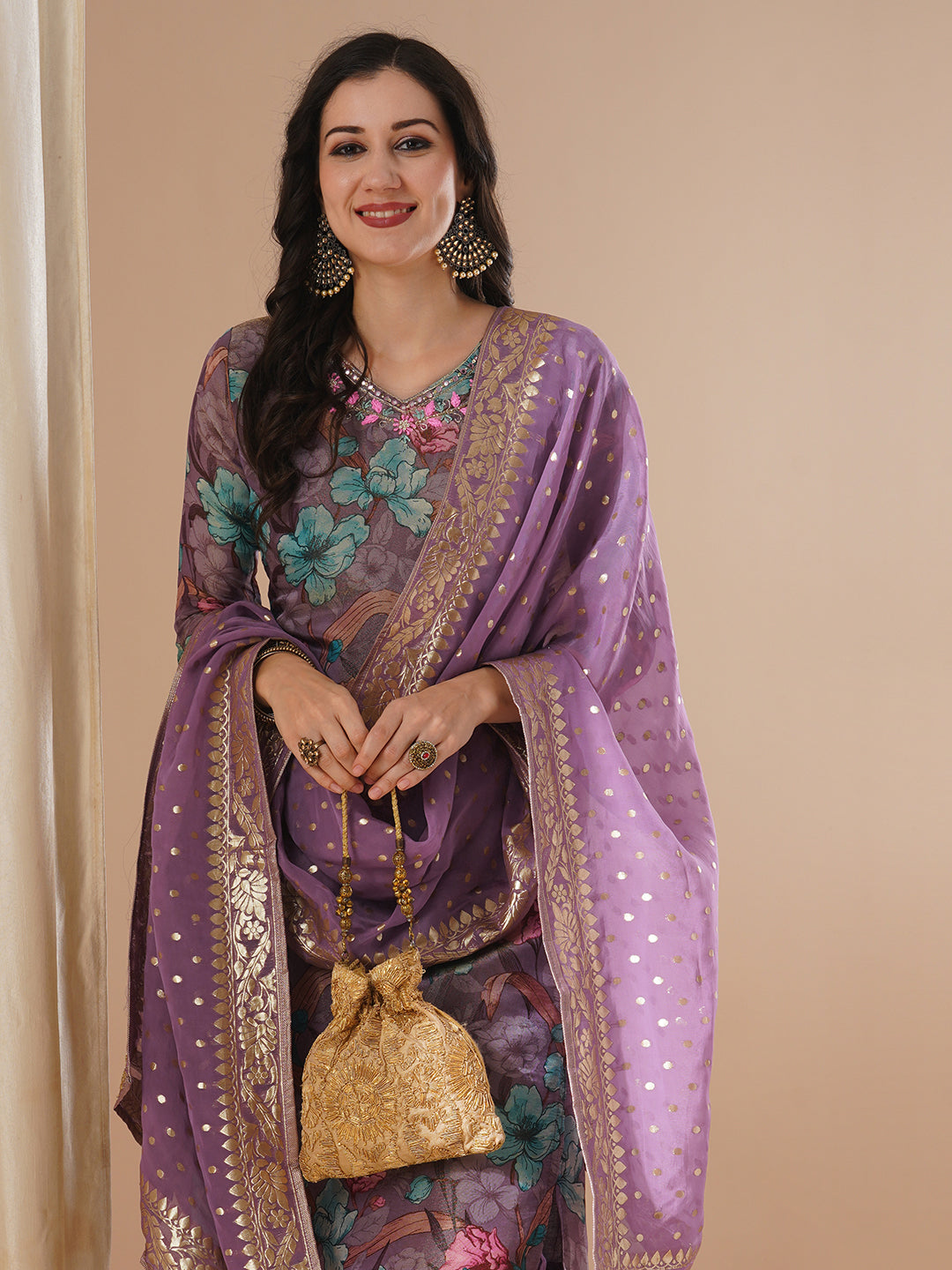 Floral Printed & Embroidered Tissue Straight Kurta with Pant & Dupatta - Purple