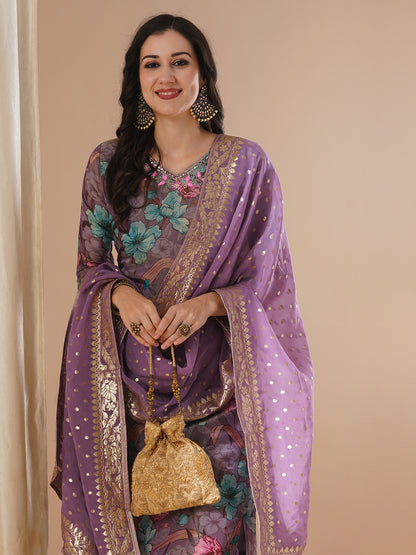 Floral Printed & Embroidered Tissue Straight Kurta with Pant & Dupatta - Purple