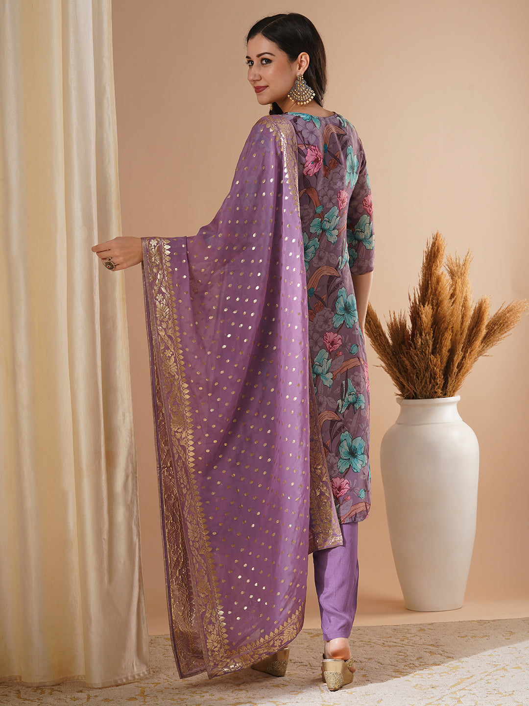 Floral Printed & Embroidered Tissue Straight Kurta with Pant & Dupatta - Purple