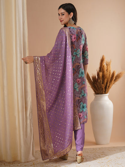 Floral Printed & Embroidered Tissue Straight Kurta with Pant & Dupatta - Purple