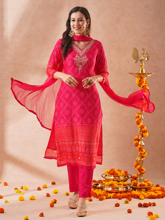 Bandhani Printed & Embroidered Straight Fit Kurta with Pant & Dupatta - Pink