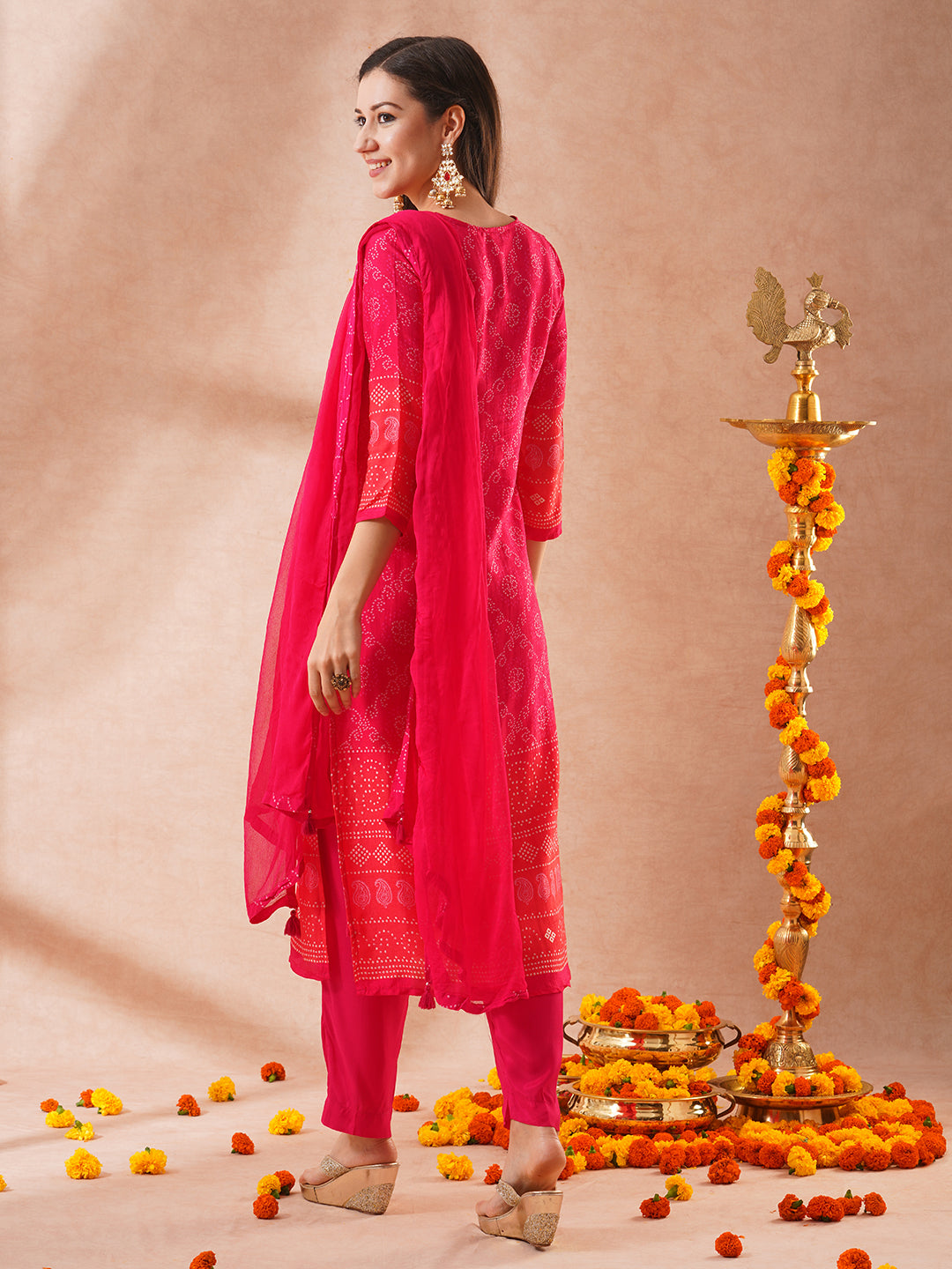 Bandhani Printed & Embroidered Straight Fit Kurta with Pant & Dupatta - Pink