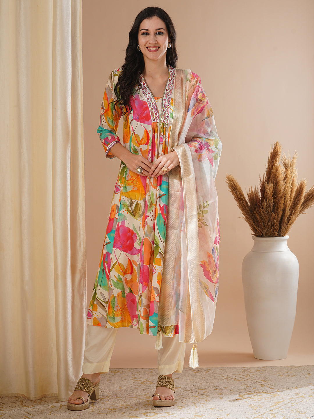 Abstract Floral Printed Embroidered A-Line Pleated Kurta with Pant and Dupatta - Multi