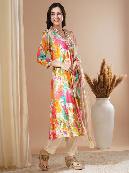 Abstract Floral Printed Embroidered A-Line Pleated Kurta with Pant and Dupatta - Multi