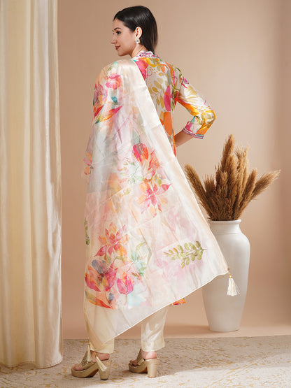 Abstract Floral Printed Embroidered A-Line Pleated Kurta with Pant and Dupatta - Multi