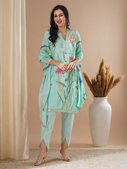 Floral Printed & Embroidered A-Line Paneled Kurta with Dhoti Pant & Dupatta - Blue