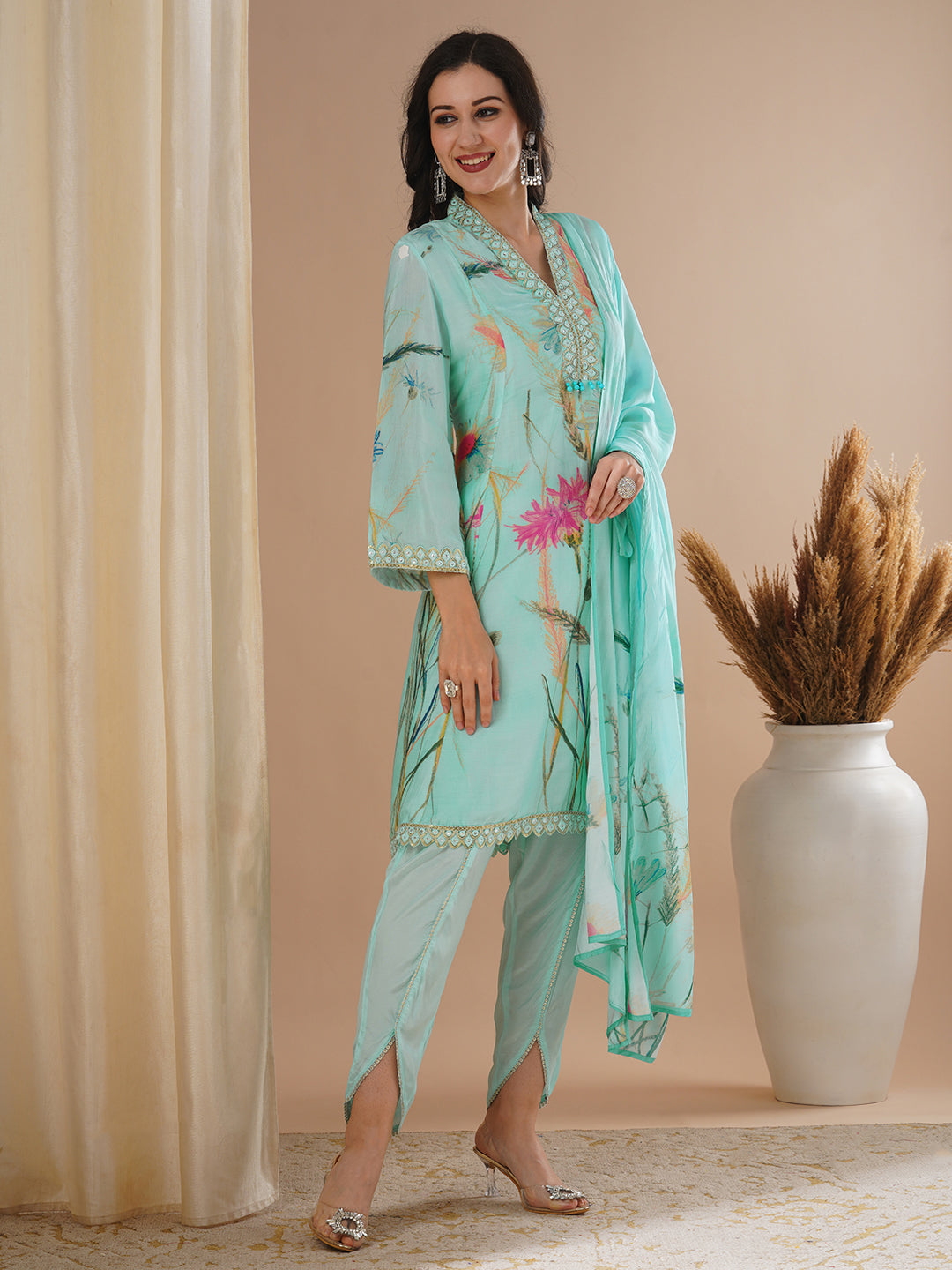 Floral Printed & Embroidered A-Line Paneled Kurta with Dhoti Pant & Dupatta - Blue