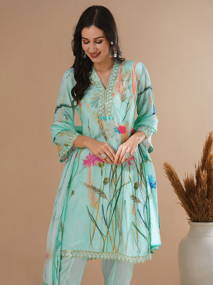 Floral Printed & Embroidered A-Line Paneled Kurta with Dhoti Pant & Dupatta - Blue