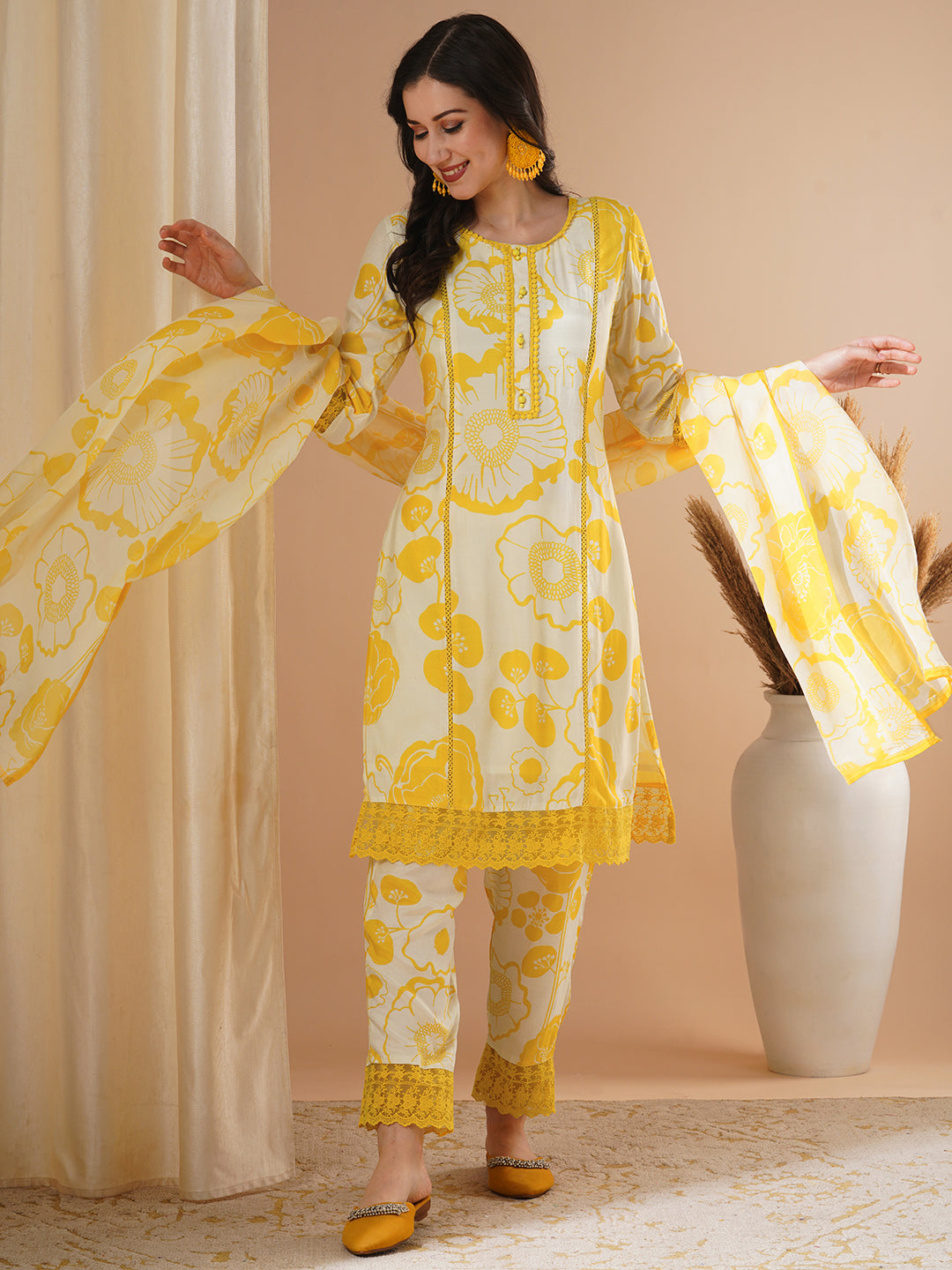 Abstract Floral Printed Straight Kurta with Pant & Dupatta - Yellow