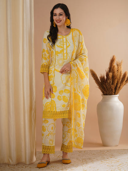 Abstract Floral Printed Straight Kurta with Pant & Dupatta - Yellow