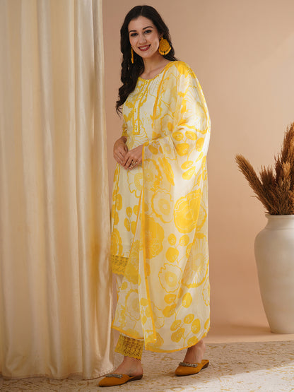 Abstract Floral Printed Straight Kurta with Pant & Dupatta - Yellow