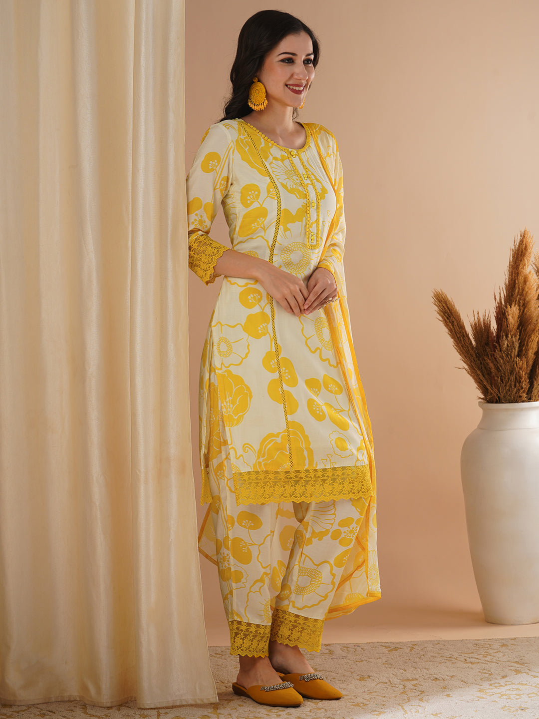 Abstract Floral Printed Straight Kurta with Pant & Dupatta - Yellow