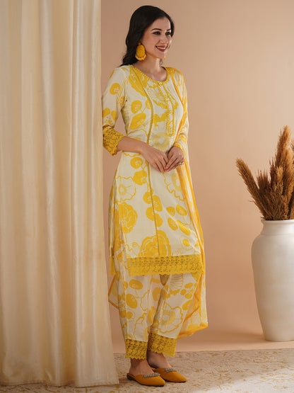 Abstract Floral Printed Straight Kurta with Pant & Dupatta - Yellow