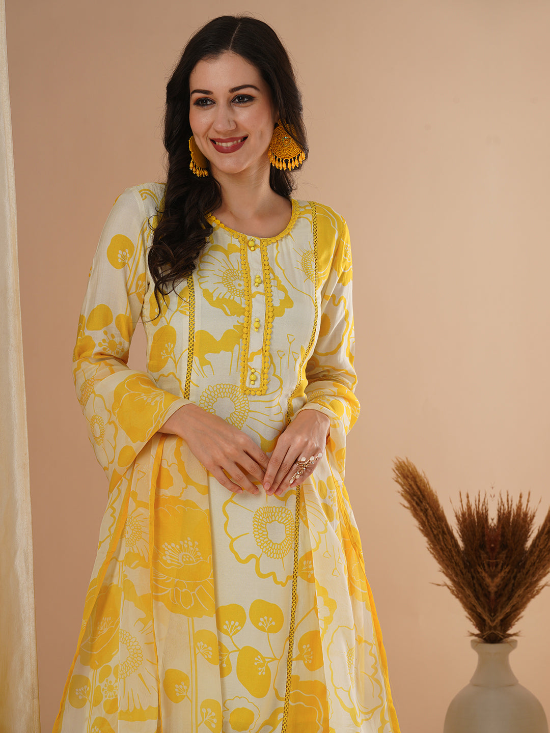 Abstract Floral Printed Straight Kurta with Pant & Dupatta - Yellow