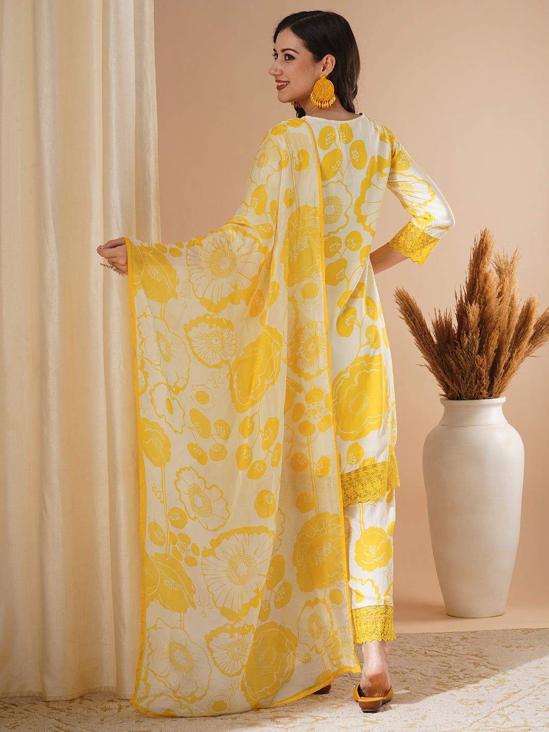 Abstract Floral Printed Straight Kurta with Pant & Dupatta - Yellow