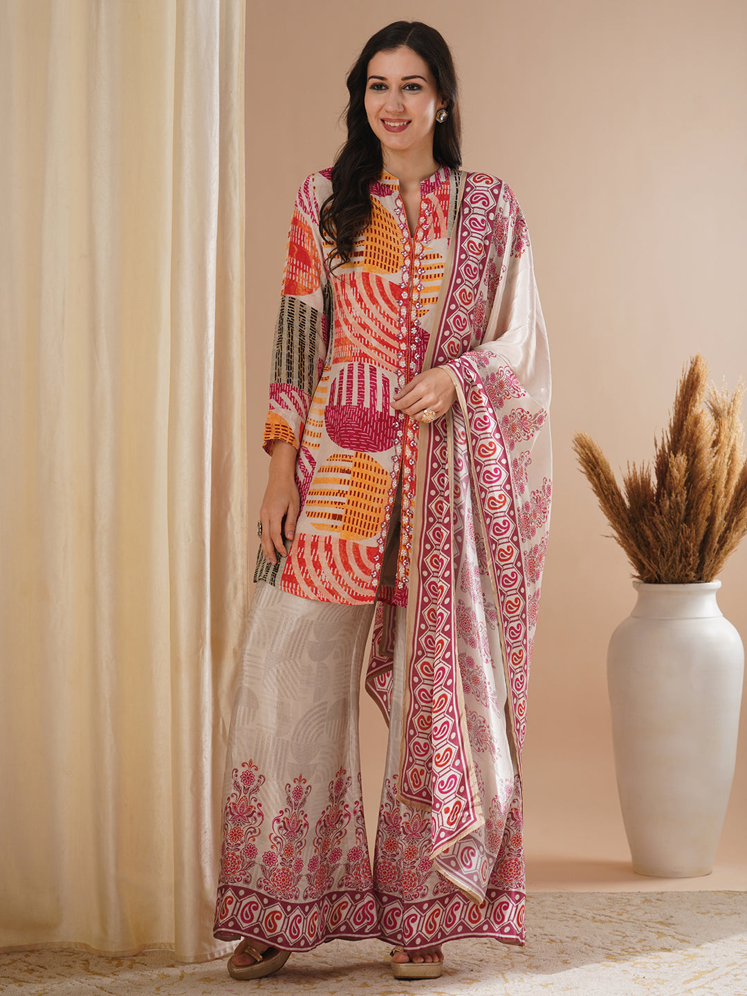 Abstract Geometric Printed & Hand Embroidered Kurta with Palazzo and Dupatta - Multi