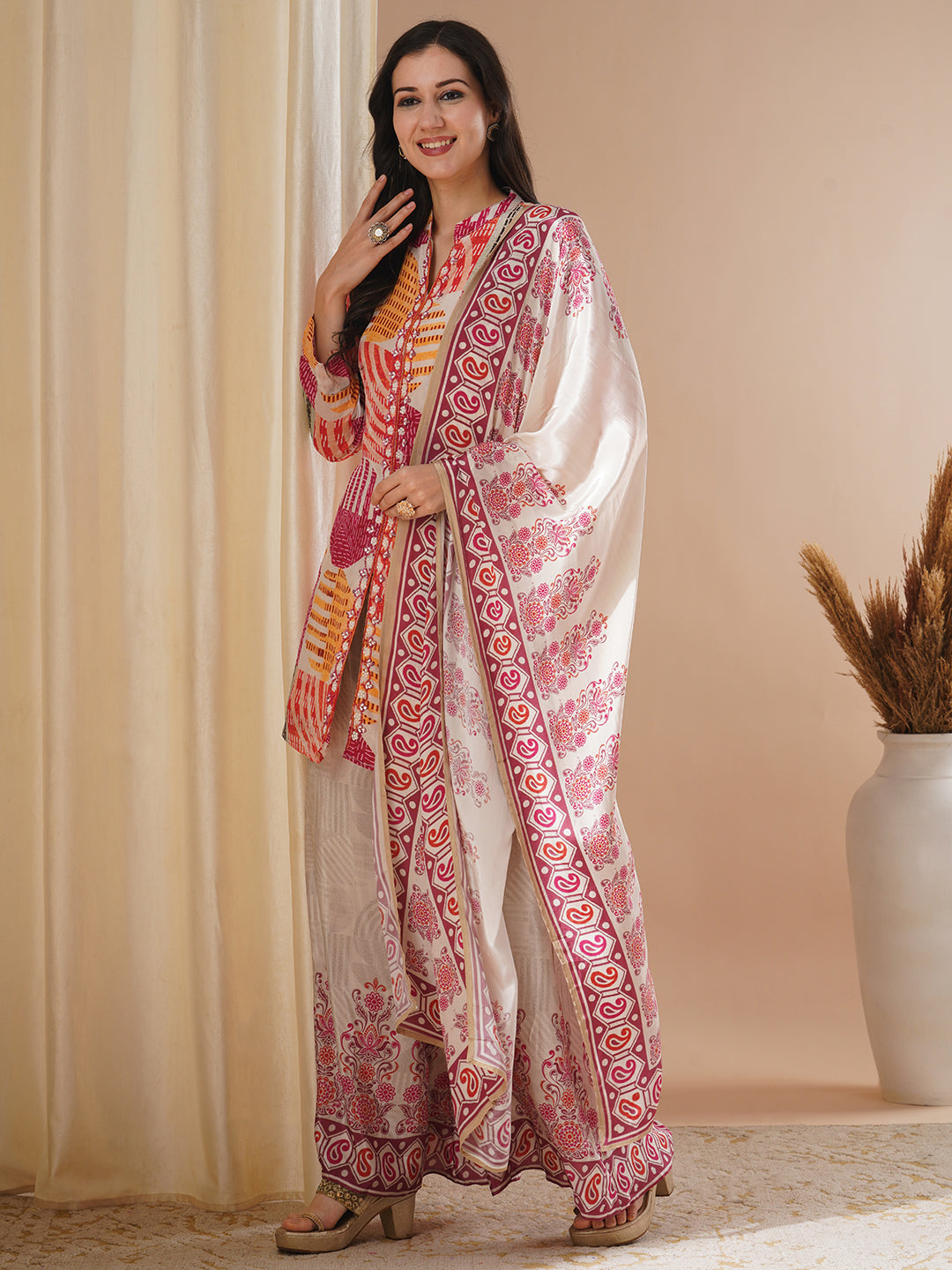 Abstract Geometric Printed & Hand Embroidered Kurta with Palazzo and Dupatta - Multi