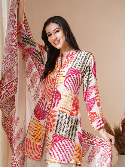 Abstract Geometric Printed & Hand Embroidered Kurta with Palazzo and Dupatta - Multi